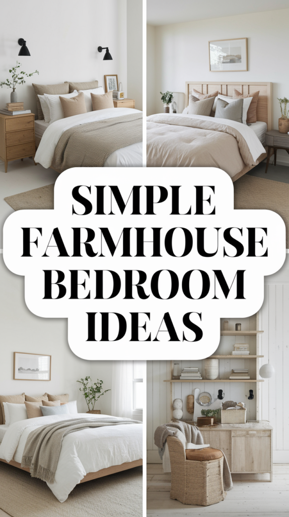 Collage of three cozy bedrooms with wooden furniture and neutral tones, featuring the text "Simple Farmhouse Bedroom Ideas."