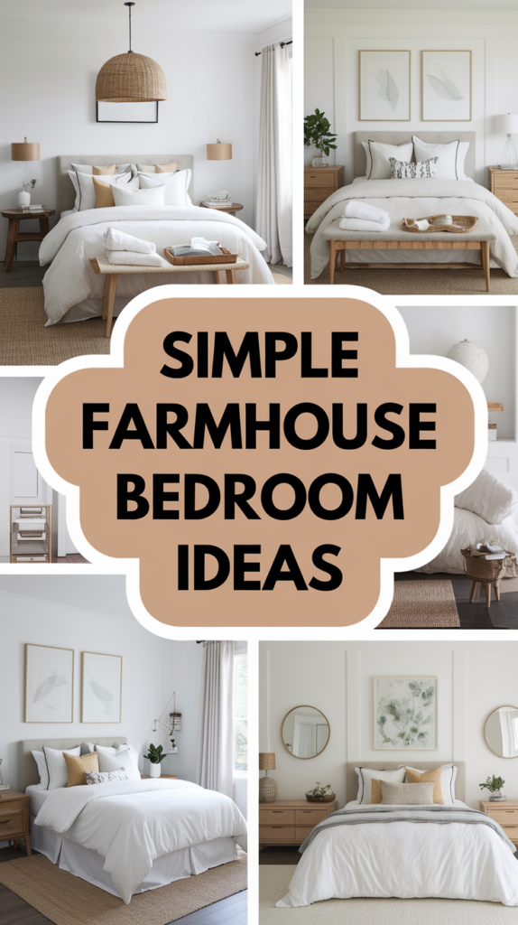 Collage of simple farmhouse bedroom ideas with neutral tones and rustic decor elements.