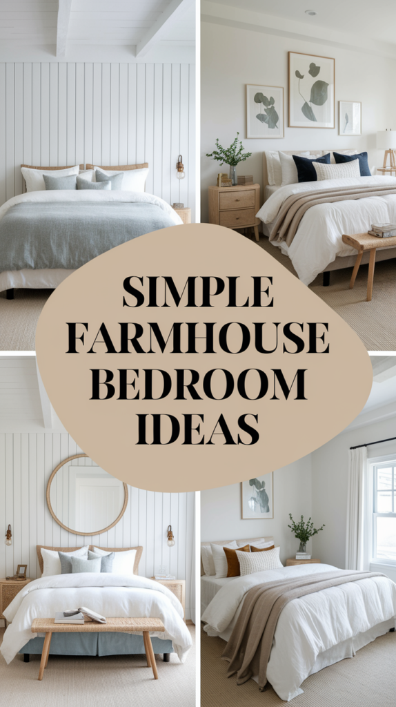 Collage of four farmhouse-style bedrooms with neutral colors, featuring wooden decor, plants, and cozy bedding.