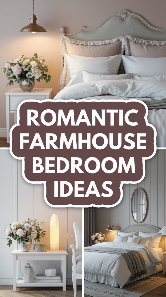 Collage of romantic farmhouse bedroom ideas with elegant beds, floral arrangements, and cozy decor.