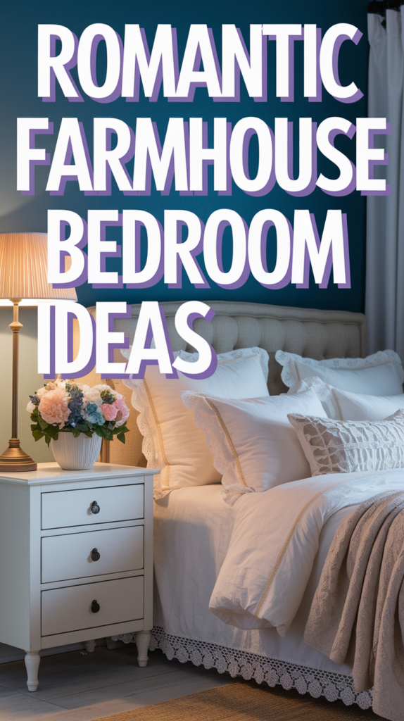 Cozy bedroom with white linens, a tufted headboard, and a bedside table holding a lamp and floral arrangement.