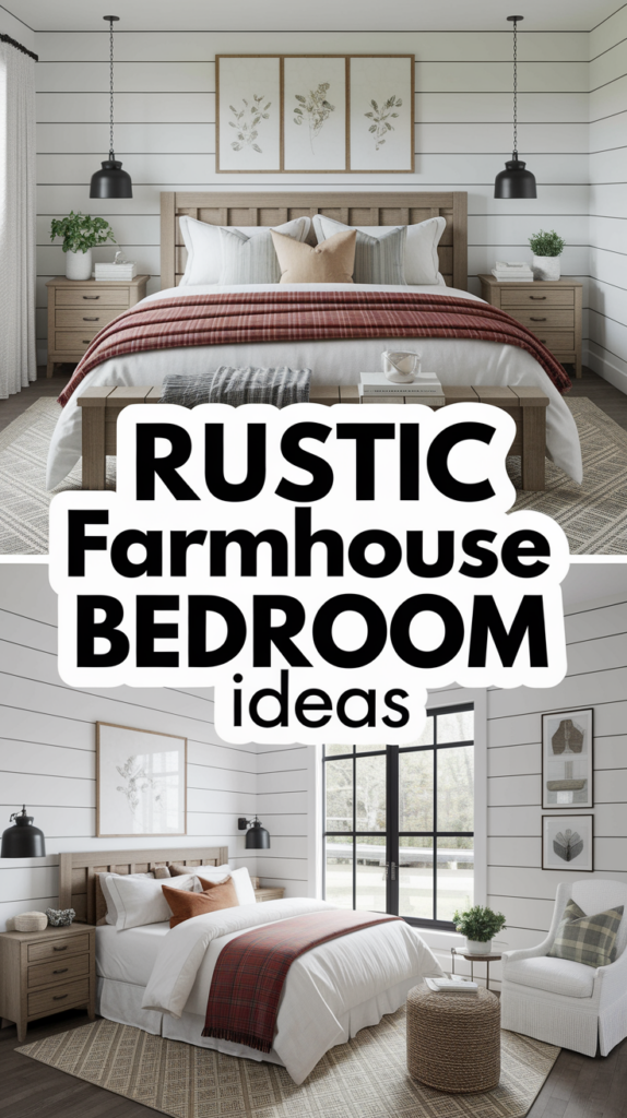 Collage of rustic farmhouse bedrooms with wooden furniture and plaid accents; text reads "Rustic Farmhouse Bedroom Ideas."