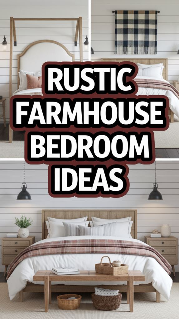 A rustic farmhouse bedroom featuring wooden furniture, plaid blankets, and shiplap walls with black pendant lights.