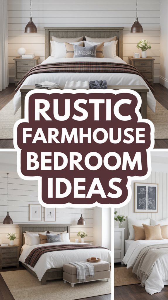 Collage of rustic farmhouse bedroom interiors, featuring a cozy bed with decorative pillows and wooden furniture.