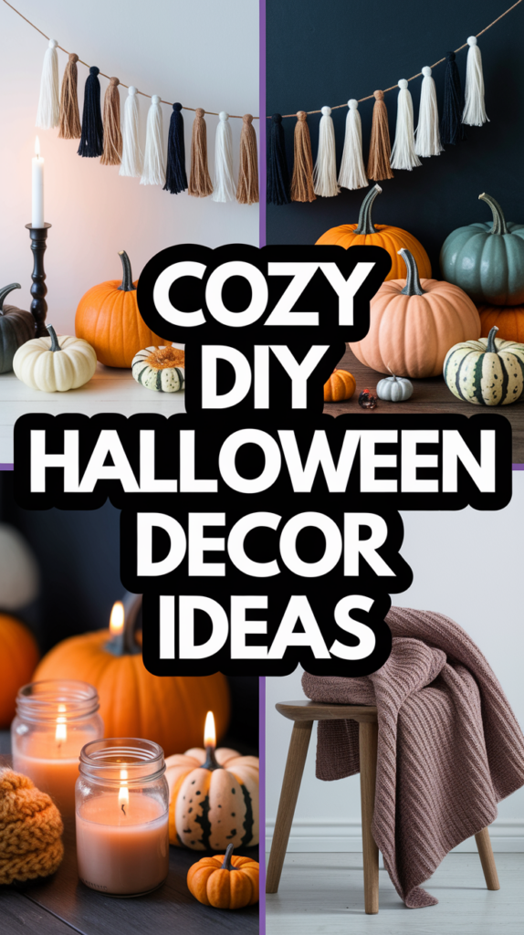 Halloween-themed decorations featuring pumpkins, candles, and a cozy blanket with bold text stating, "Cozy DIY Halloween Decor Ideas."