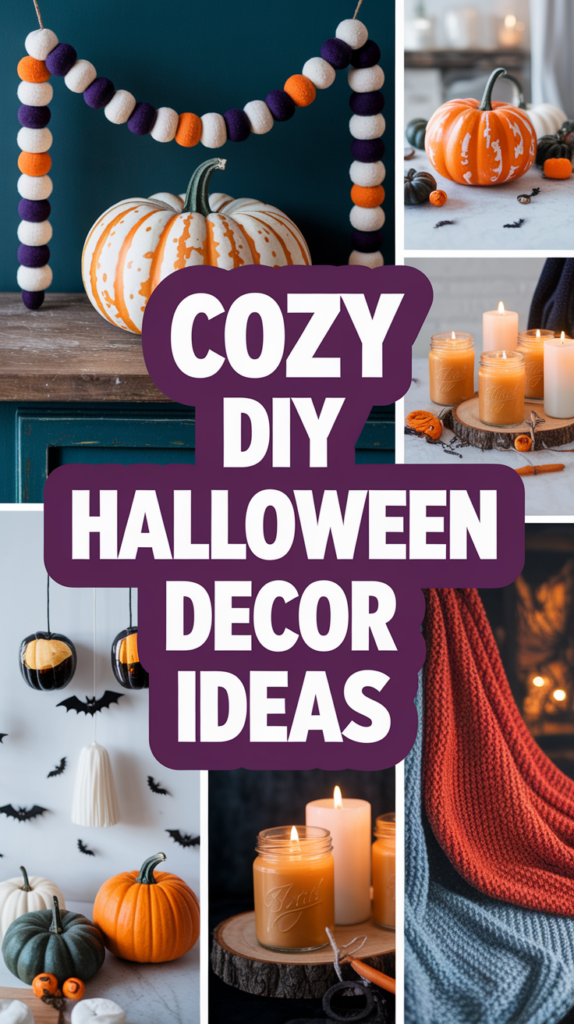 Collage of Halloween decor, including pumpkins, candles, and a cozy knitted blanket, with the text "Cozy DIY Halloween Decor Ideas."