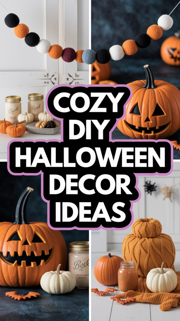 String of felt balls, pumpkins, and cozy autumn-themed decor with text: "Cozy DIY Halloween Decor Ideas."
