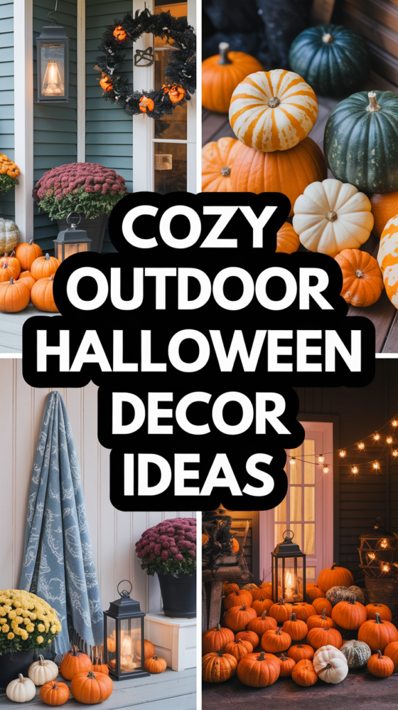 A montage of pumpkins, lanterns, and autumn-themed outdoor decor with the text "Cozy Outdoor Halloween Decor Ideas."