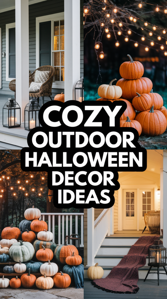 Collage of cozy outdoor Halloween decorations featuring pumpkins, lanterns, string lights, and a porch with a woven chair.