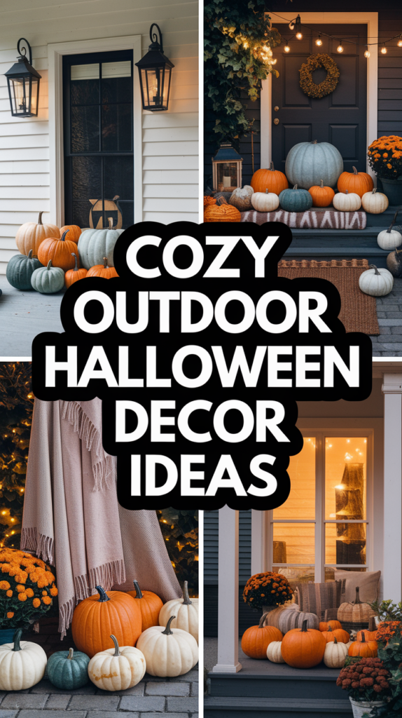 A collage featuring cozy Halloween decor ideas with pumpkins, lanterns, and fall plants on outdoor patios.