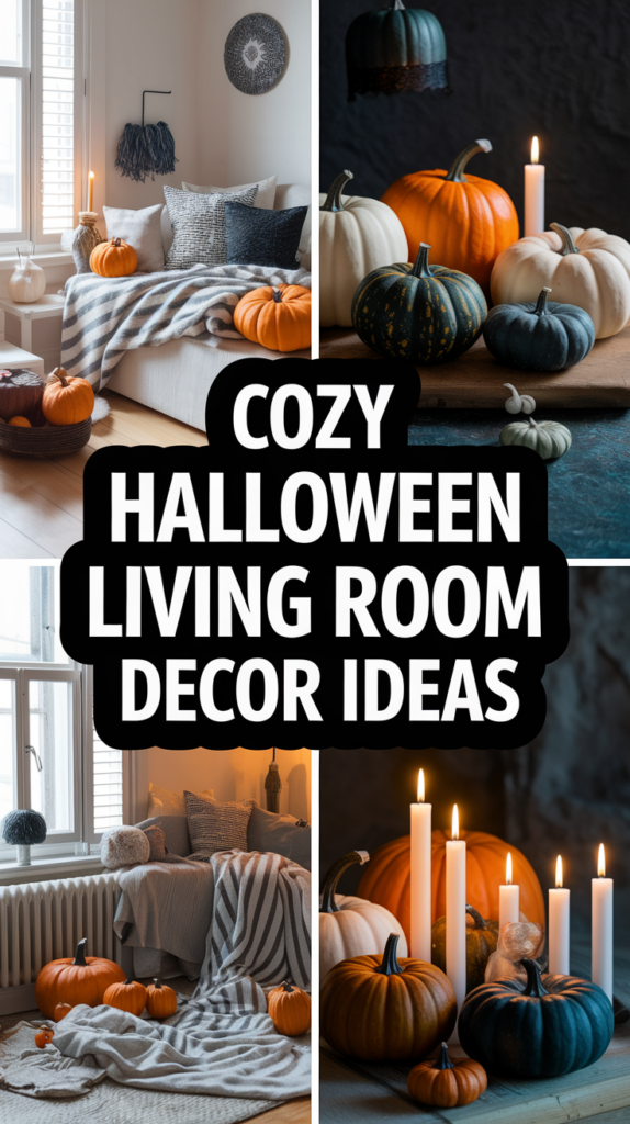 Collage of cozy living rooms with Halloween decor, featuring pumpkins, candles, and plush textiles.