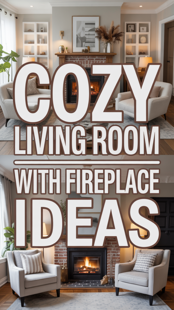 Stylish living rooms with fireplaces, armchairs, and decor, highlighted by large text promoting cozy ideas.