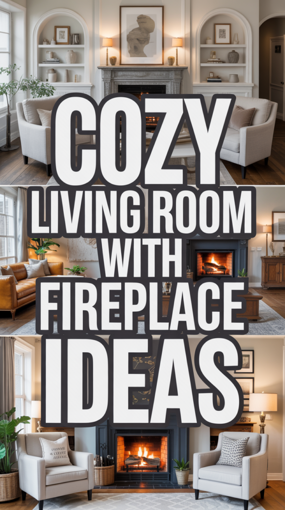 Collage of cozy living rooms featuring fireplaces, comfortable seating, and stylish decor with bold text overlay.