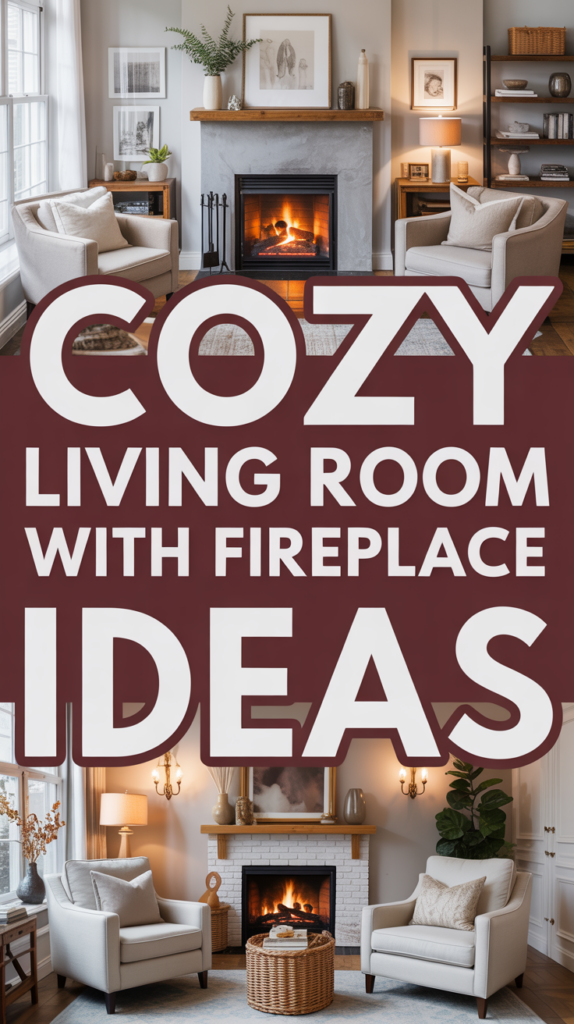Stylish living room features a fireplace with armchairs, plants, and a basket, promoting cozy decorating ideas.