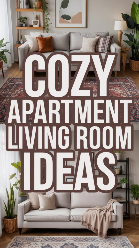 A living room with a comfortable gray sofa, plants, and a patterned rug, overlaid with bold text reading "Cozy Apartment Living Room Ideas."