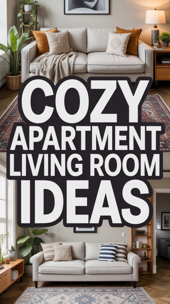 Text reading "Cozy Apartment Living Room Ideas" over images of stylish living rooms with sofas and warm decor.