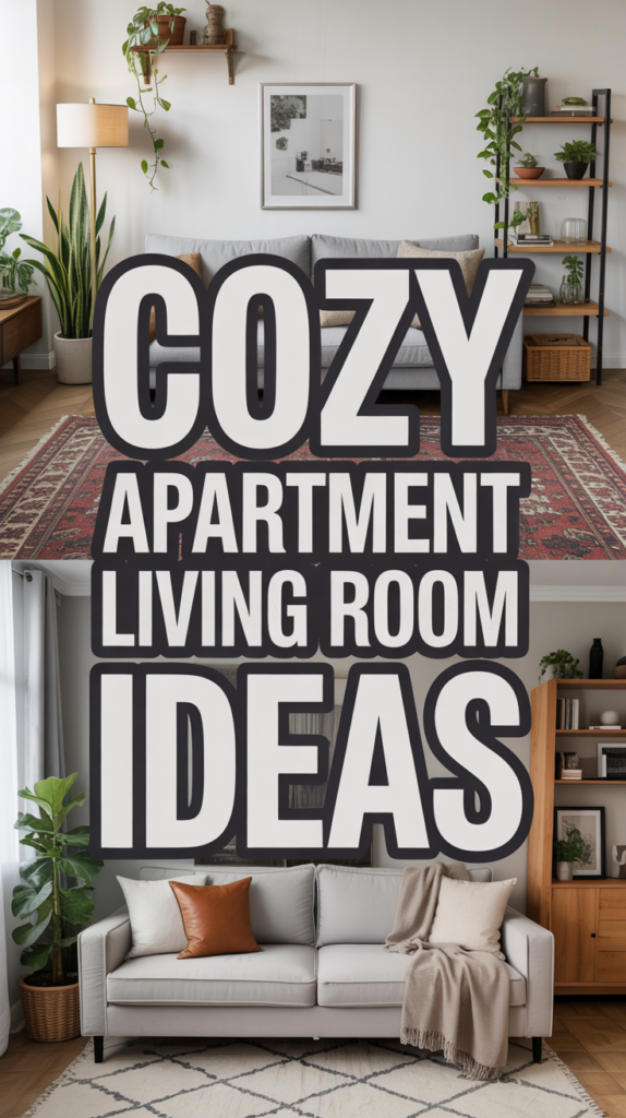Split image with stylish living rooms; large text reads "Cozy Apartment Living Room Ideas."