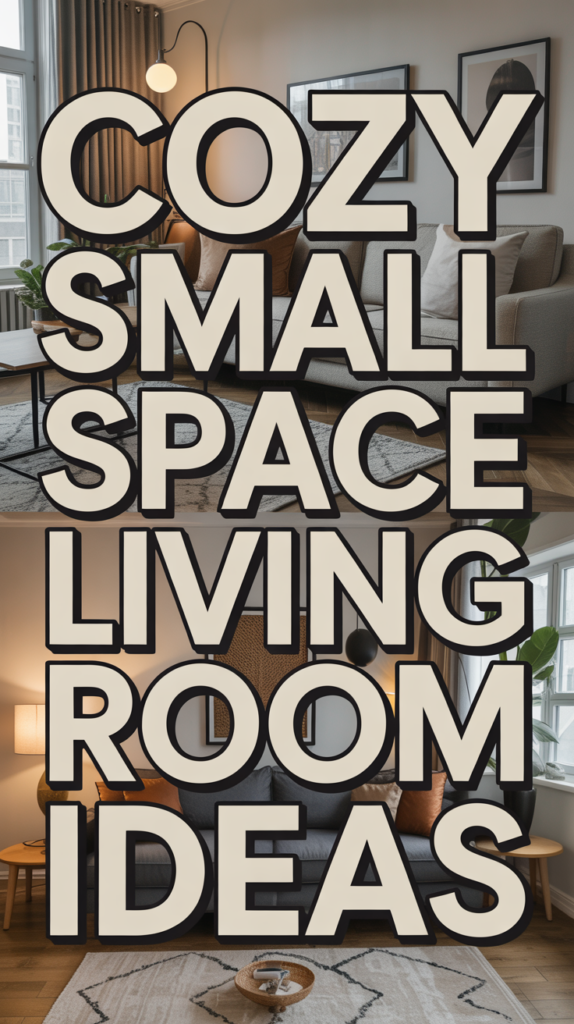 Text overlay reads "Cozy Small Space Living Room Ideas" with a stylish room in the background featuring a sofa and decor.