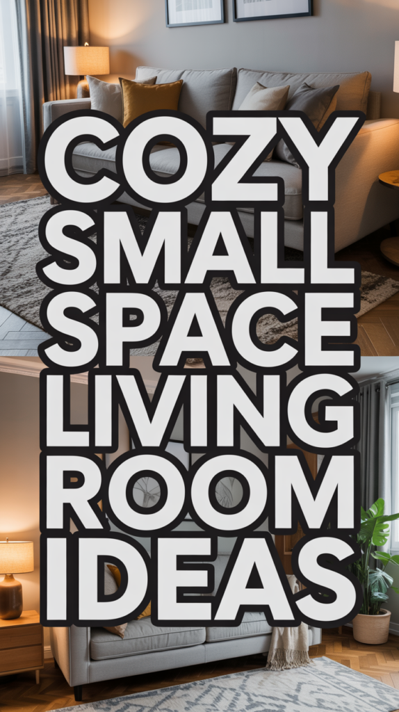 Text overlay reads "Cozy Small Space Living Room Ideas" over images of a stylish, compact living room.