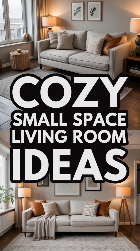 A stylish living room with a sofa, cushions, lamps, and decor; text reads, "Cozy Small Space Living Room Ideas."