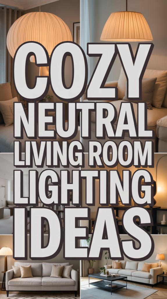 Collage of a living room with neutral tones, comfortable seating, and warm lighting, featuring the text "Cozy Neutral Living Room Lighting Ideas."
