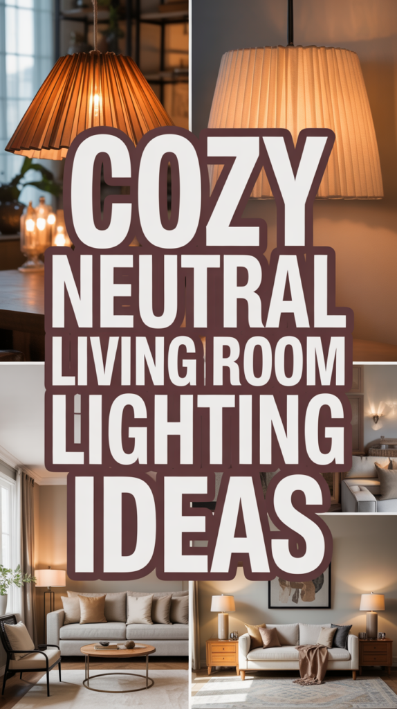 Collage of living room lighting showing warm, cozy settings with lampshades and candles, featuring the text "Cozy Neutral Living Room Lighting Ideas."