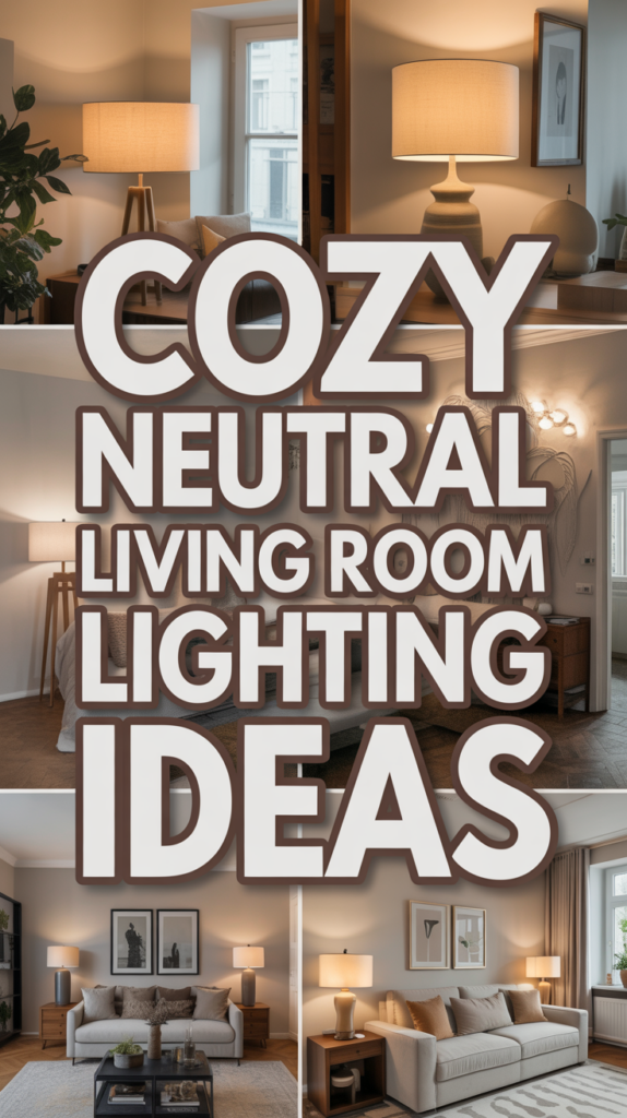 Collage of neutral-toned living rooms with various cozy lighting ideas, featuring lamps and elegant decor.