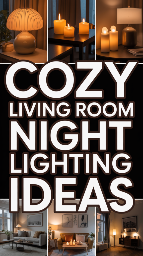 Collage of cozy living room night lighting ideas with lamps, candles, and soft ambient lighting.