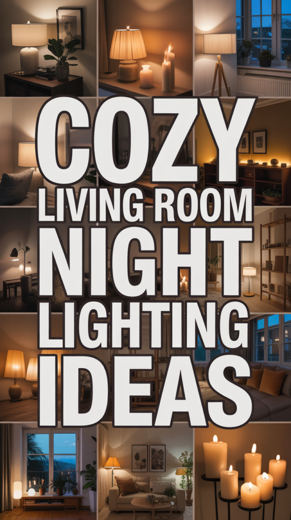 Collage of cozy living room lighting ideas with lamps, candles, and soft ambient light, featuring the text "Cozy Living Room Night Lighting Ideas."