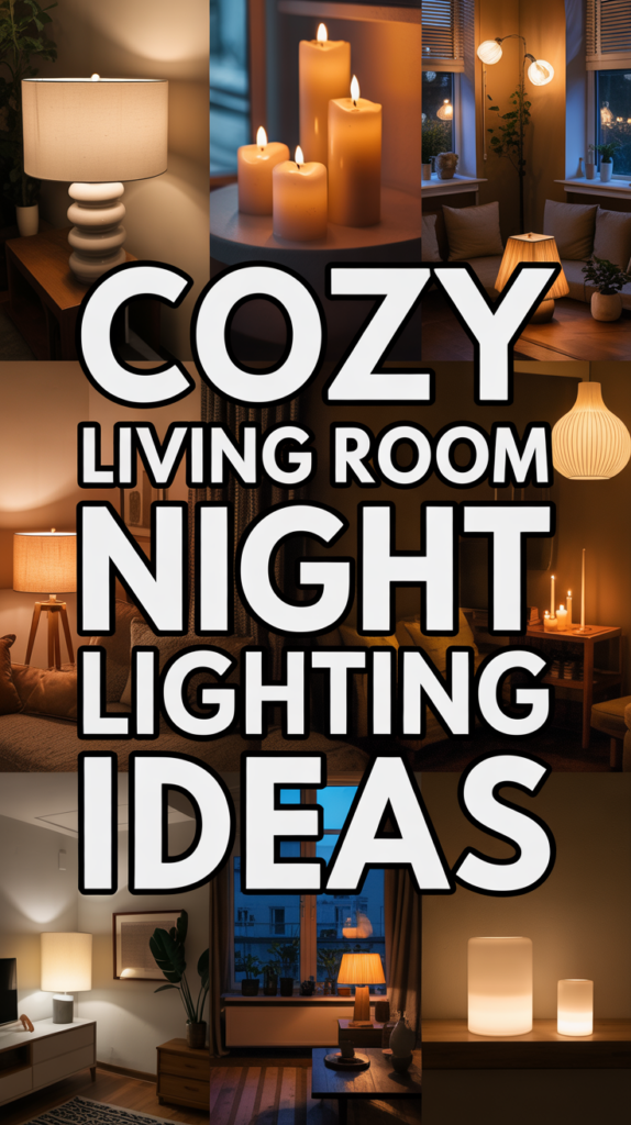 Collage of cozy living room lighting ideas featuring lamps, candles, and soft ambient light.