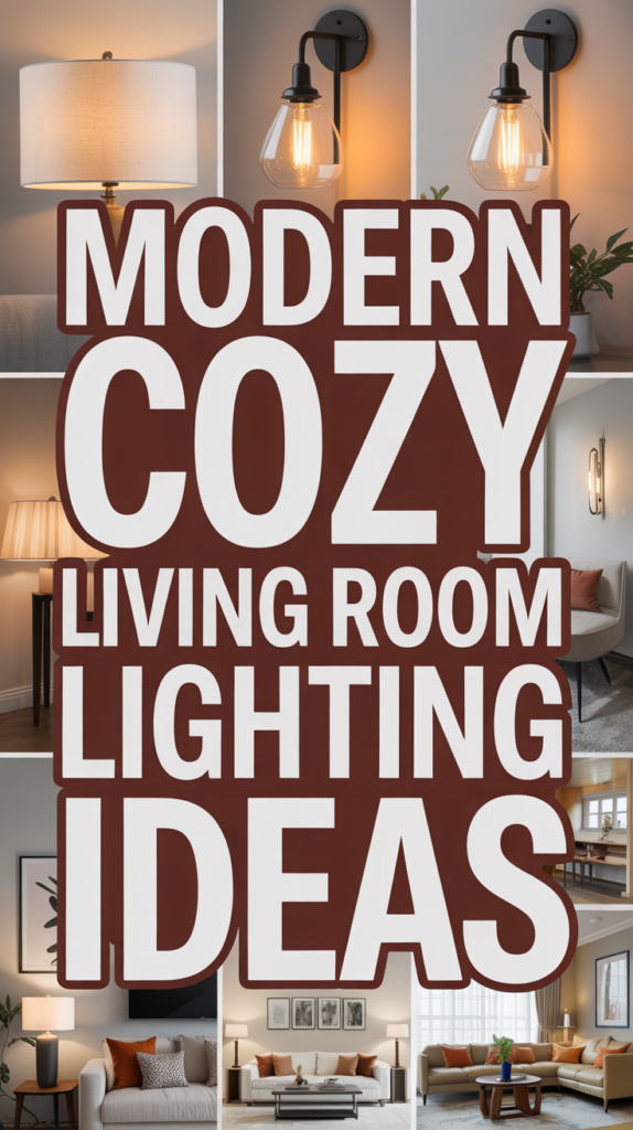 Collage of modern living room lighting ideas with lamps and cozy decor.