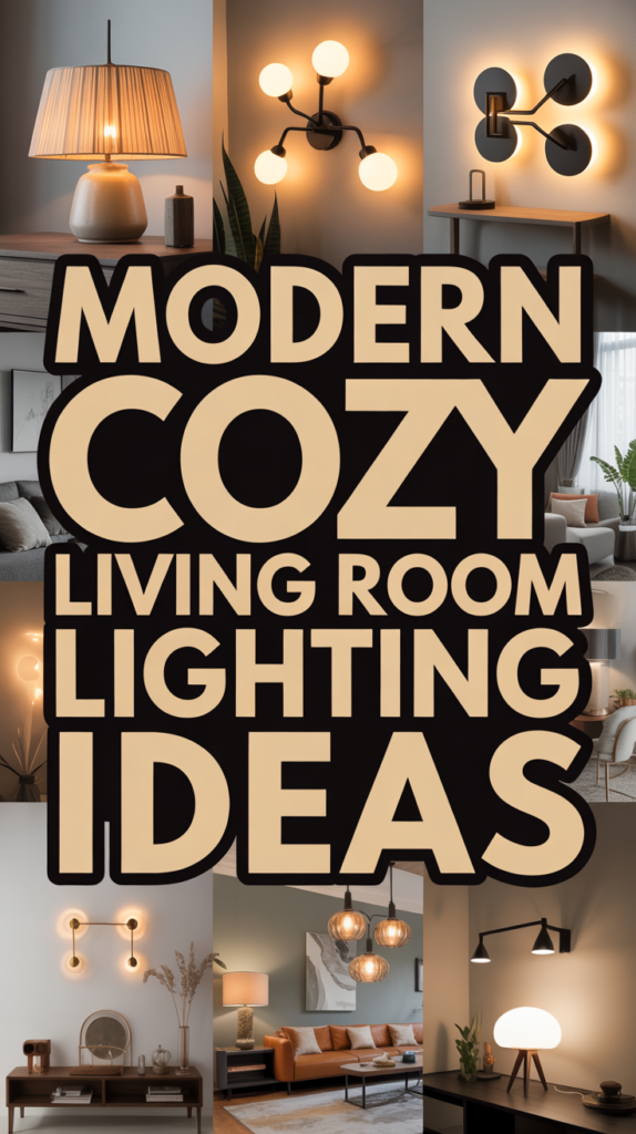 Collage of modern cozy living room lighting ideas featuring various lamp designs and warm ambient lights.