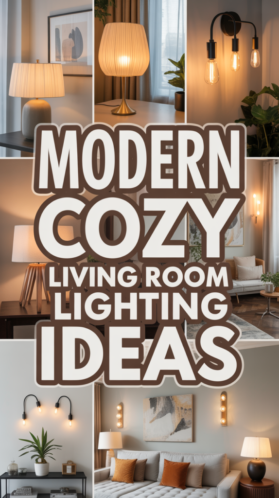 Collage of cozy living room lighting ideas with various modern lamps and stylish decor.