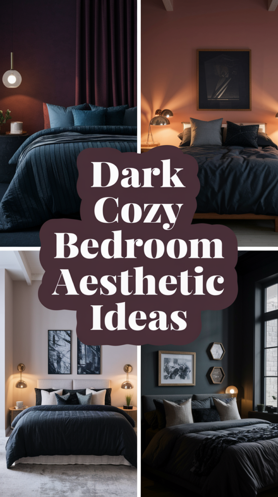 Collage of four bedrooms with dark cozy decor, featuring plush bedding, ambient lighting, and modern art.