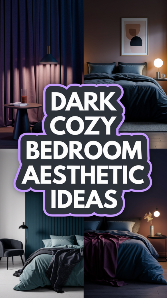 Collage of dark, cozy bedroom designs with modern lighting and bedding in shades of blue and purple, featuring text "Dark Cozy Bedroom Aesthetic Ideas."