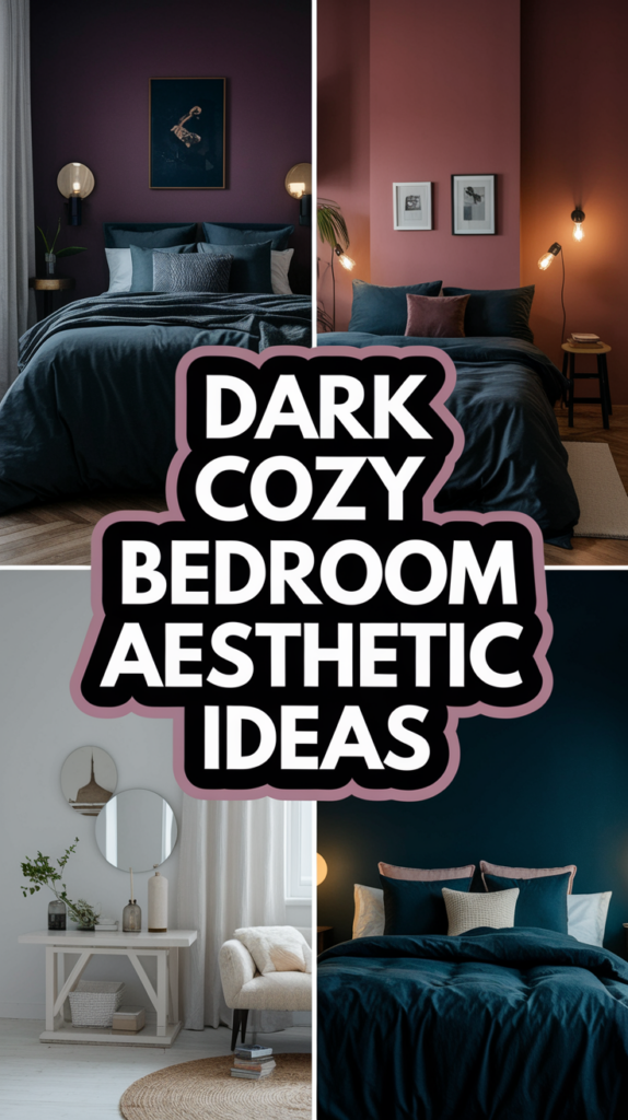 Collage of dark, cozy bedroom interiors with textured bedding and moody lighting, featuring the text "Dark Cozy Bedroom Aesthetic Ideas."