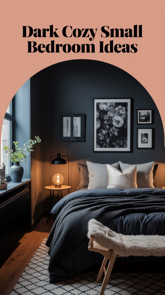 Stylish small bedroom with dark walls, cozy bedding, and framed art, featuring a warm lamp and plants for ambiance.