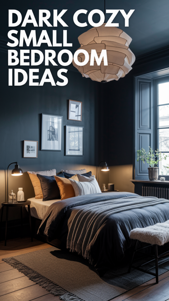 A stylish, dark-themed bedroom with a cozy bed, layered pillows, a large window, and a unique light fixture.