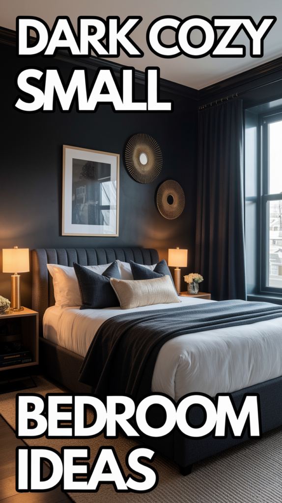A dark, cozy bedroom with a neatly made bed, warm lighting, and decorative wall accents.