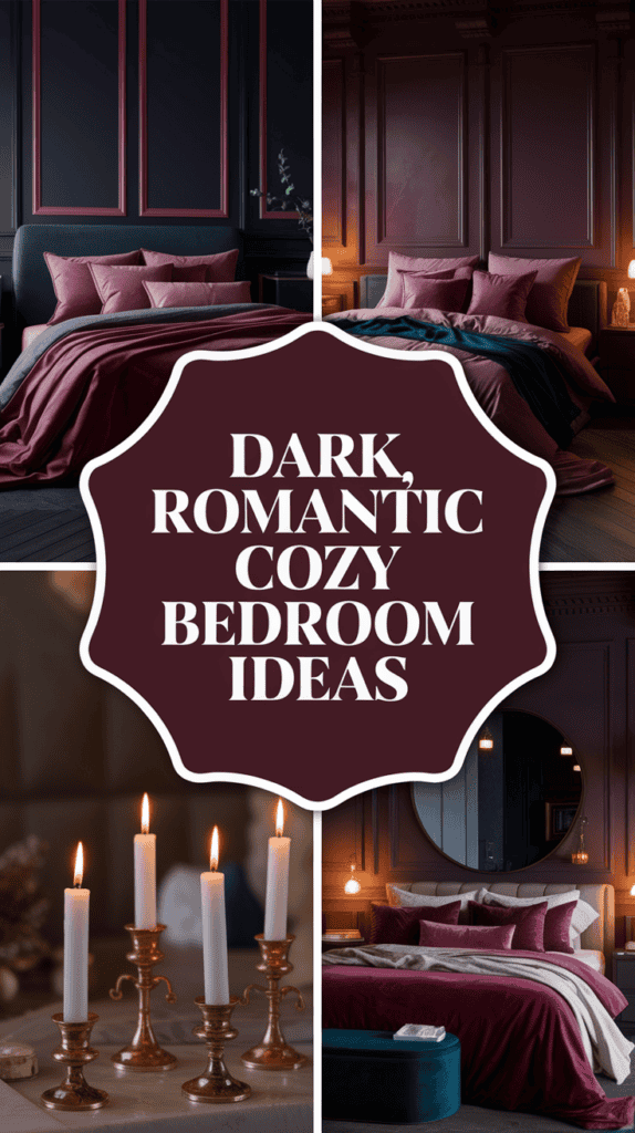 Collage of dark, romantic bedrooms with elegant decor and lit candles. Text reads "Dark, Romantic Cozy Bedroom Ideas."