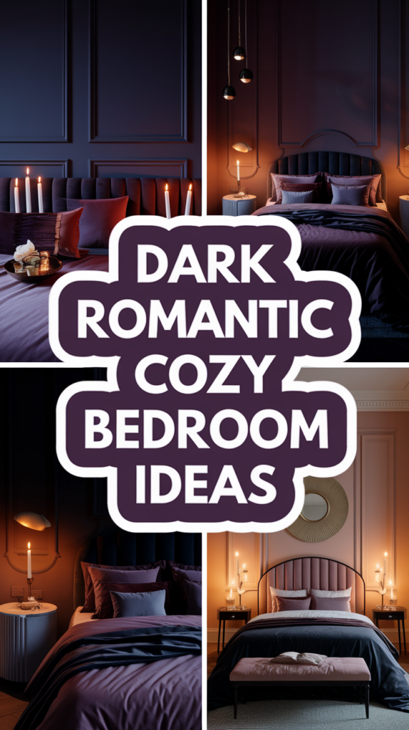 A cozy, dark-toned bedroom with romantic lighting and plush bedding, featuring candles and elegant decor elements.