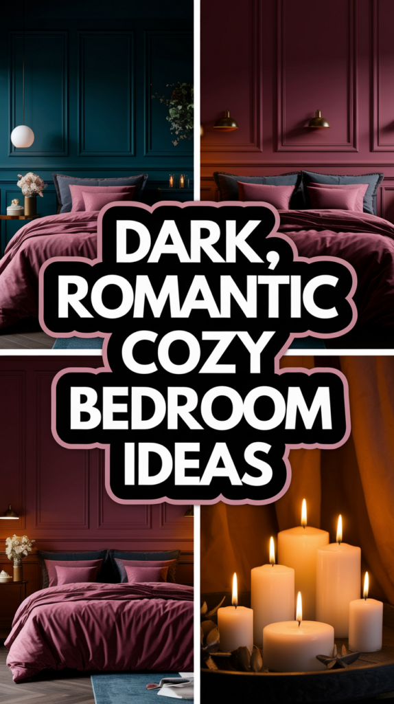 Dark bedroom settings with rich colors and candles, featuring decorative bedding and ambient lighting.
