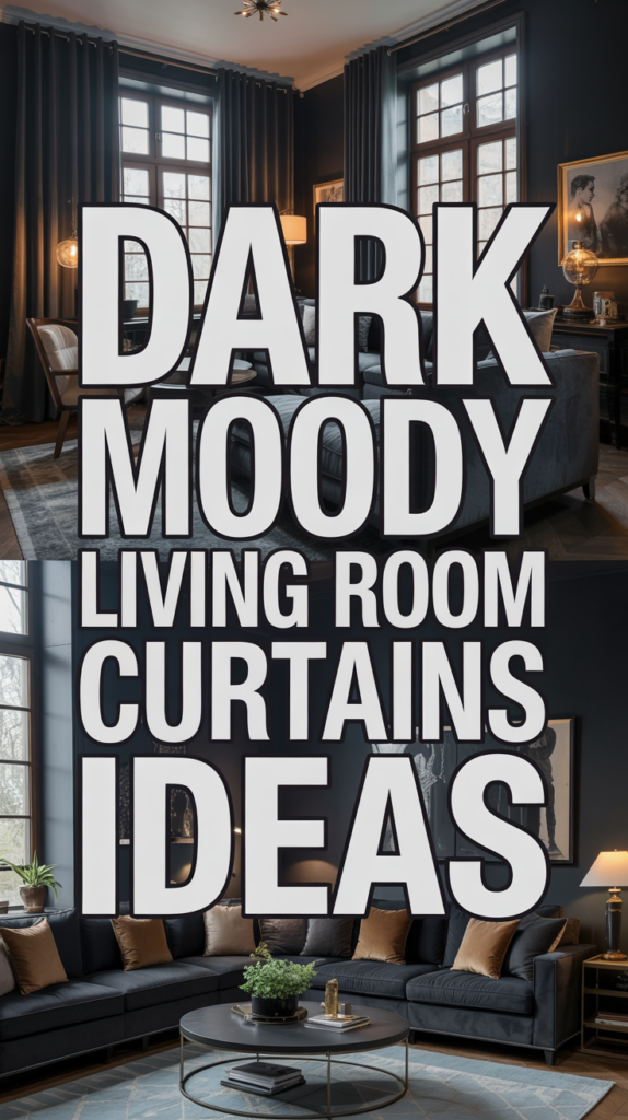 Dark moody living room with large windows, velvet sofas, and elegant decor; bold text reads "Dark Moody Living Room Curtains Ideas."