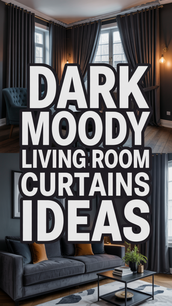 Dark-themed living room with heavy drapes, a sofa, and vibrant accent lighting; text reads "Dark Moody Living Room Curtains Ideas."