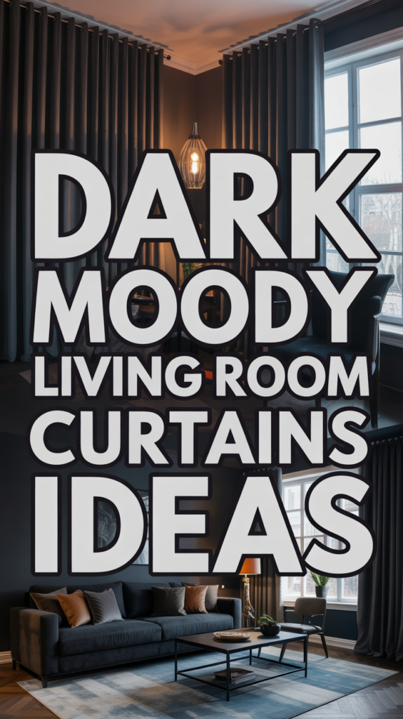 Dark, moody living room with heavy curtains and a cozy seating area, featuring large bold text overlay.