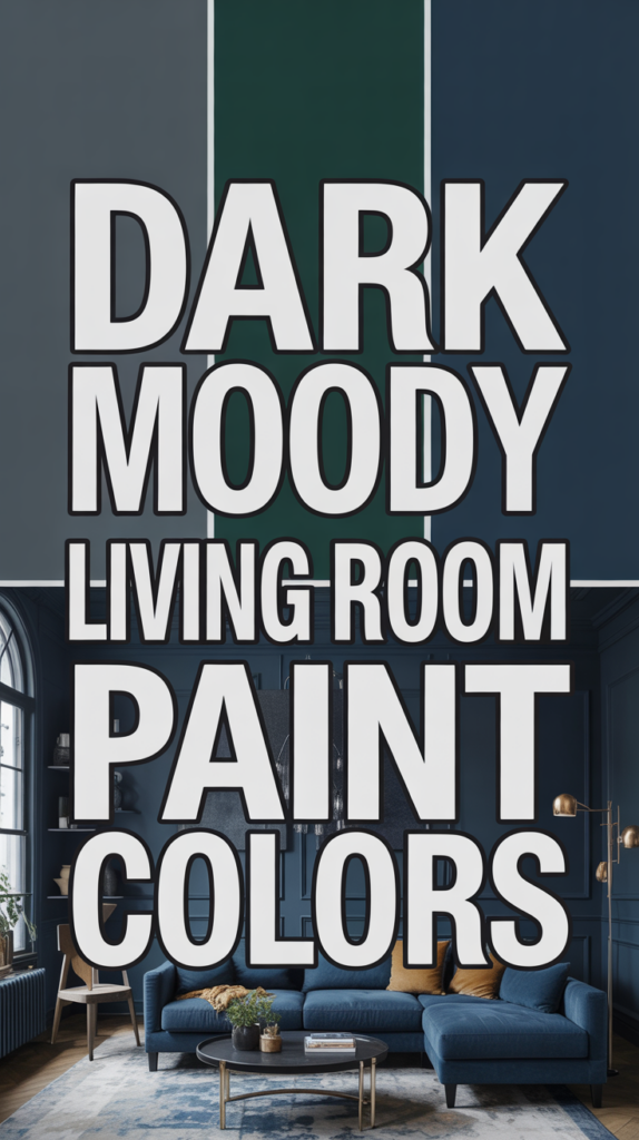 Text reading "Dark Moody Living Room Paint Colors" over a dark, stylish living room interior.