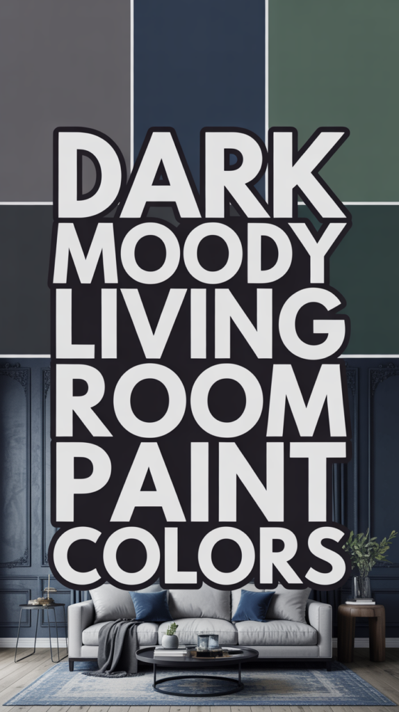Collage of dark and moody paint colors with bold text "Dark Moody Living Room Paint Colors" over a stylish living room setting.