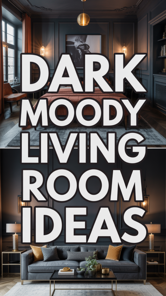 Stylish dark living room with bold text: "Dark Moody Living Room Ideas", featuring elegant decor and plush seating.