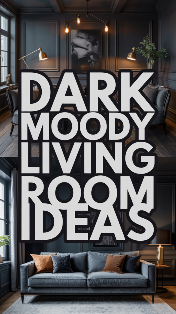 Stylish living room with dark, moody décor, featuring a modern gray sofa and bold text: "Dark Moody Living Room Ideas."