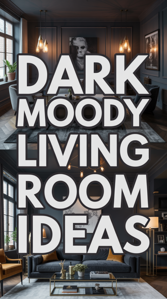 Text overlay reading "Dark Moody Living Room Ideas" with a stylish living room in the background featuring dark tones and elegant lighting.